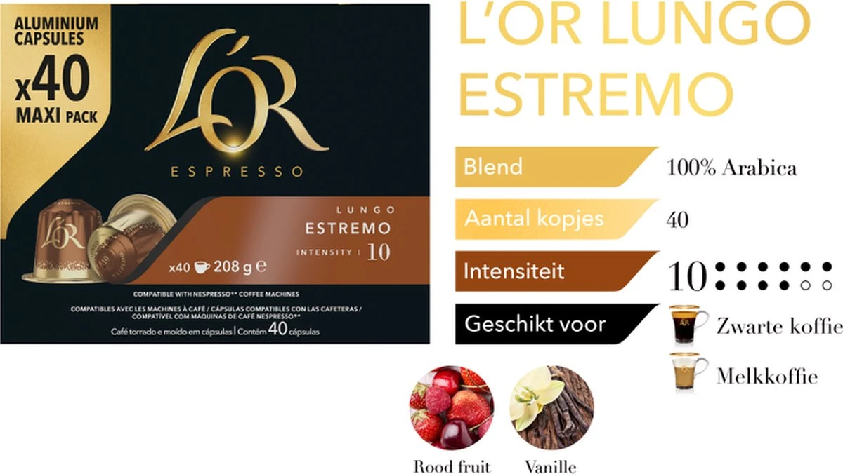 L'OR Lungo Estremo Koffiecups - Intensiteit 10/12 - 4 X 40 Capsules - Afbeelding 4