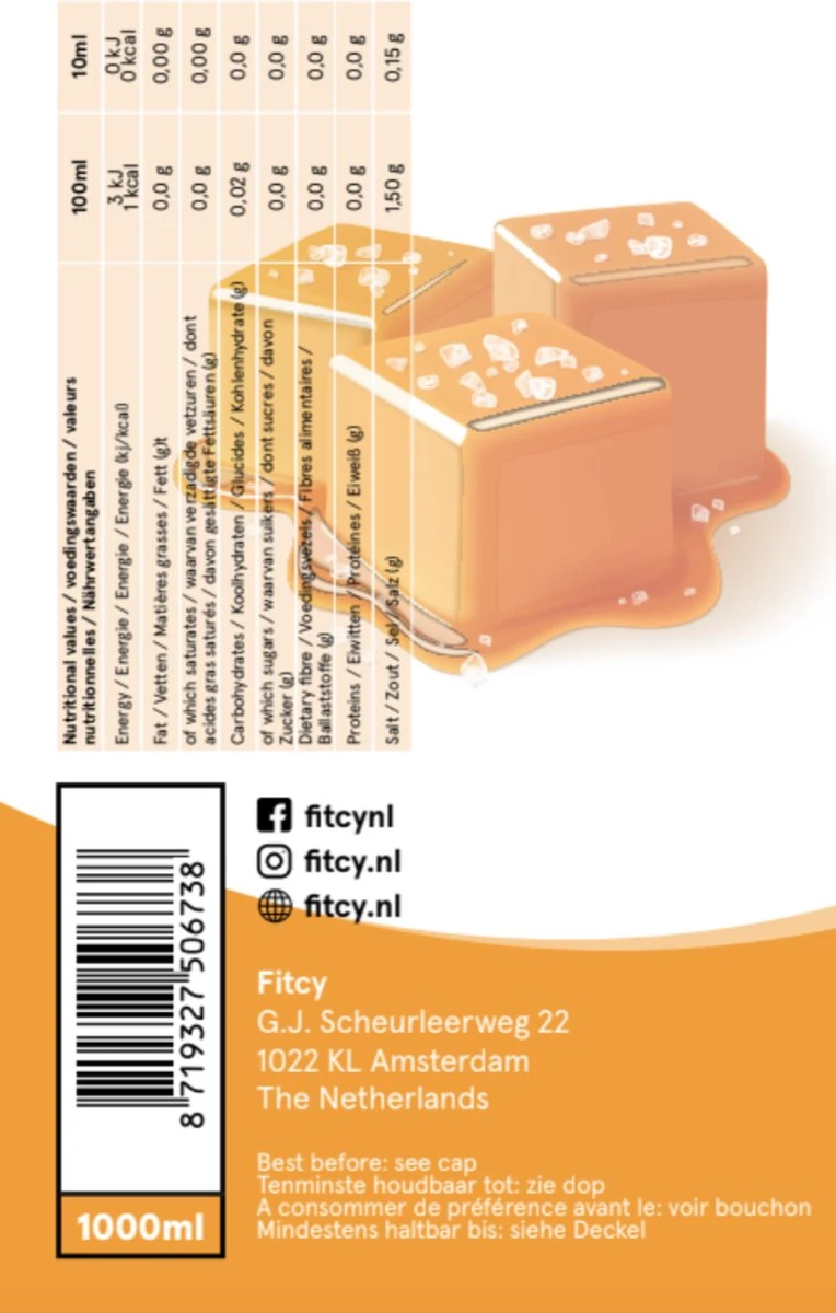 Fitcy | Koffiesiroop | Salted Caramel | Barista Syrup | Zero | Vegan | Vetvrij | Suikervrij | Keto-vriendelijk | Koffie | Siroop | 1L - Afbeelding 2